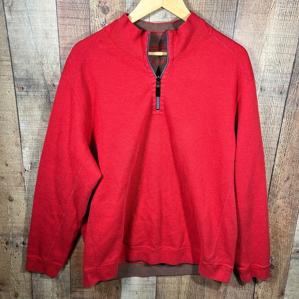 Tommy Bahama Red 100% Cotton Reversible 1/4 Zip Pullover Sweater Mens XL Brown